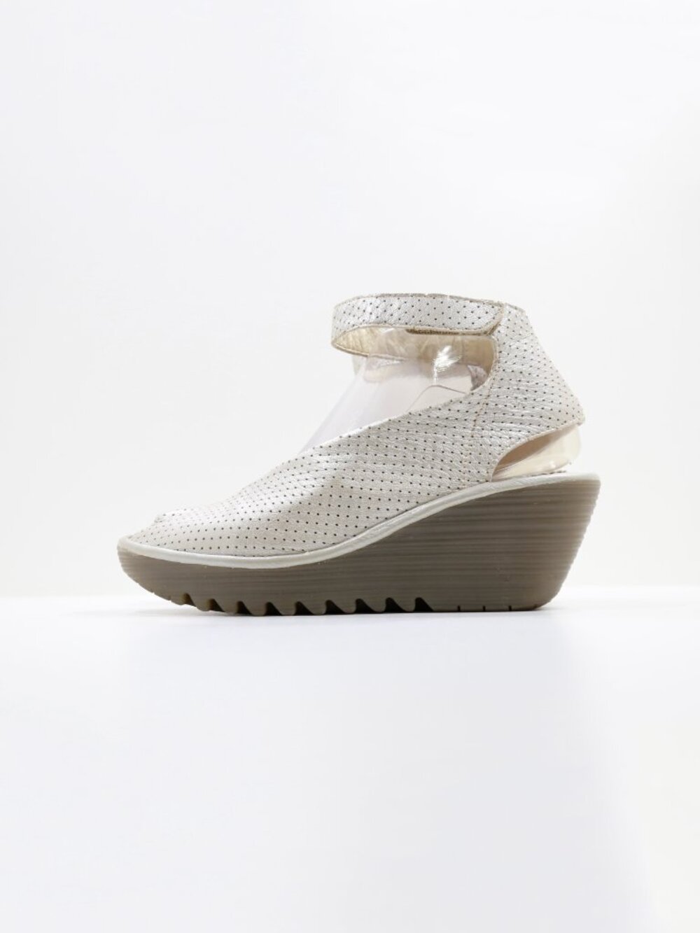Fly London Yala Pearl Leather 3" Wedge Heel Peep Toe Sandals - 7/EU 38